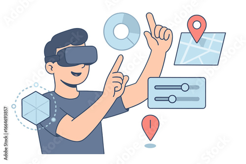 Man wearing VR headset explores augmented reality. Interactive interface with data chart, map navigation & controls. Metaverse technology & futuristic user experience concept.