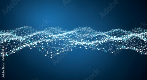 Abstract digital network connection with dot and line wave structure on blue background, representing modern technology, communication, and global internet system
