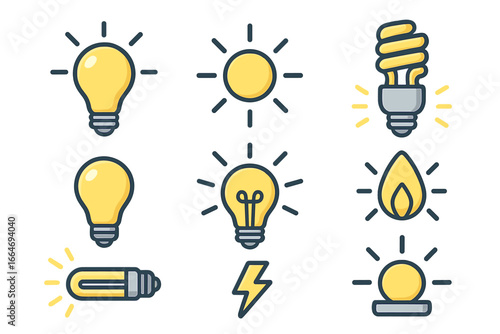 Light bulb and energy vector icon set. Line icons of lamps, sun, fire, lightning. Symbols for idea, innovation, solution, power, electricity. Fluorescent, CFL bulb.