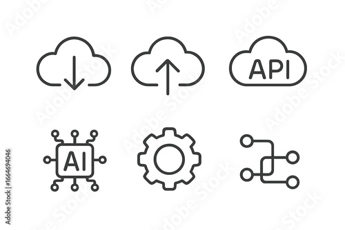 Technology and Cloud Icon Set with Download, Upload, API, AI, Gear, and Network Line Illustrations, Modern Vector Cartoon Design with Transparent Background, Digital Tech Symbols