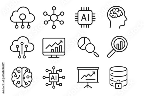 Technology AI and Data Line Icon Set, Cloud Computing and Analytics Icons Collection, Vector Cartoon Illustration with Transparent Background, Ordered Set of 12 Icons for Digital and Tech Concepts