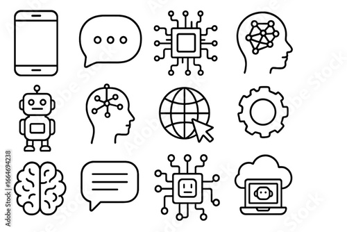 Technology and AI line icon set, communication and neural network icons outline collection, vector cartoon illustration with transparent background, modern digital tech symbols