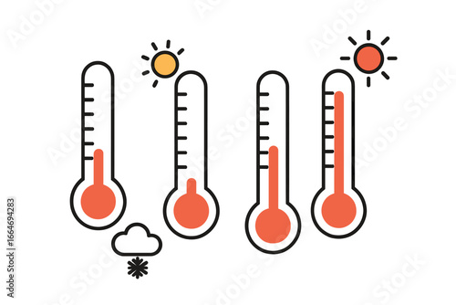 Weather thermometer vector icon set. Temperature measurement for hot and cold, sun and snow. Meteorology forecast symbol collection. Climate concept cartoon illustration.