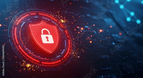 Red shield with padlock representing cybersecurity, data protection, and network security against cyber threats and unauthorized access to digital information