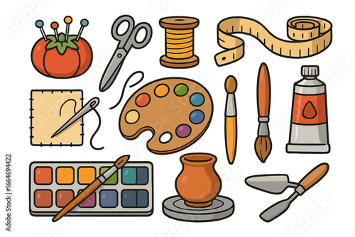Tools for Crafting and Creating Art Including Sewing, Painting, Pottery, and DIY Hobby Supplies, Vector Cartoon Illustration of Artistic Materials and Creative Equipment on Transparent Background