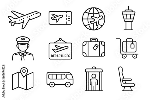 Travel and Aviation Outline Icon Set with Flight, Plane, Airport, Pilot, Luggage, Departure, Security, Bus, Map, and Airplane Seat Line Art Vector Cartoon Illustration Transparent Background