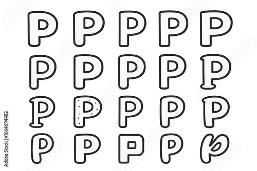 Letter P font variations set. Collection of hand-drawn cartoon style alphabet characters. Black and white vector typography for monogram, initial, learning, and design.