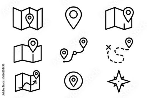 Travel and Navigation Outline Icon Set, Maps, Routes, Destination Pins, Pathways, Compass, Location Markers Vector Collection, Transparent Background, Cartoon Style