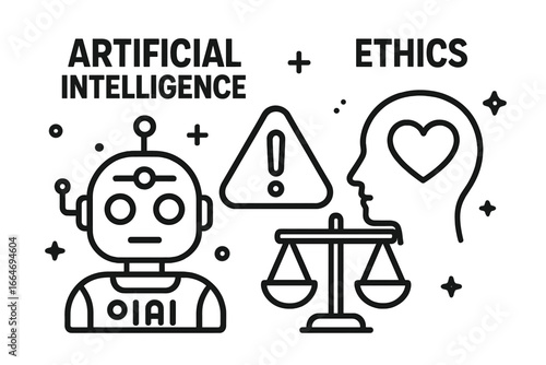 AI ethics, moral challenges of artificial intelligence vector concept. Robot versus human values. Law, regulation, justice, responsibility in modern technology. Line icons set.