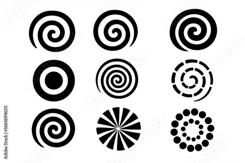 Collection of abstract spiral and circular elements. Hypnotic vortex, op art vertigo patterns. Geometric black and white shapes for modern icons, logos, and design concepts.