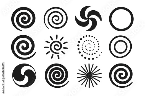 Abstract spiral and circular shapes set. Vector graphic elements for design. Hypnotic swirls, sun symbol, vortex icons. Black and white decorative patterns collection.