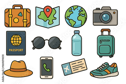 Travel essentials icons set with suitcase, passport, map, globe, camera, sunglasses, water bottle, hat, phone, boarding pass, and sneaker for worldwide adventure and trip preparation