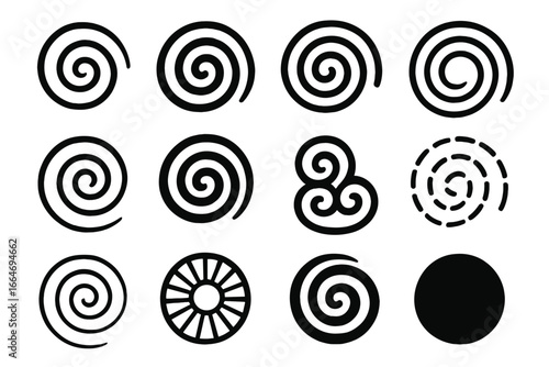 Set of various abstract spiral vector elements. Collection of simple hypnotic swirl, vortex, and circular shapes. Minimalist geometric icons and black and white symbols.
