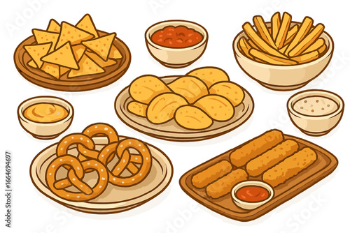 Snack food vector set. Cartoon nachos, french fries, potato chips, pretzels, mozzarella sticks with dipping sauces. Fast food appetizer collection for casual party menu.