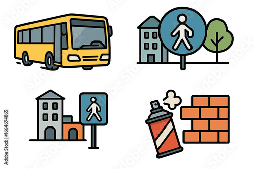 Urban symbols representing public transportation, pedestrian zones, and street art graffiti in city environments. Colorful vector cartoon illustration set on transparent background.