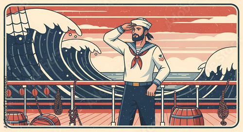 A Sailor's Vigil: Gazing Upon the Horizon from a Ship Deck Amidst Turbulent Seas, a Retro-Styled Maritime Illustration Evoking Nostalgia