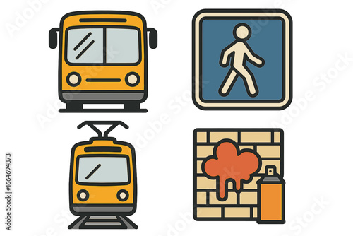 Urban symbols of public transport, pedestrian zones, tram and graffiti street art in city setting. Vector cartoon illustration on transparent background. Set of 4 icons.