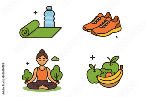 Healthy lifestyle icon set with yoga, meditation, running, and fruit. Wellness concept with fitness gear, sport activity, nutritious food, and self-care elements.