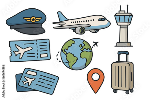 Various aviation symbols including pilot cap, airplane, airline ticket, control tower, globe, location pin, and suitcase representing global air travel and airport icons, vector cartoon illustration