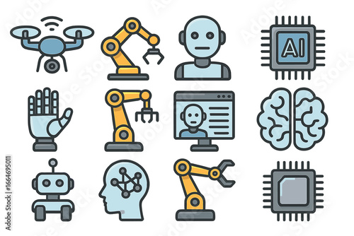 Various vector icons representing robotics, artificial intelligence, drones, robotic arms, humanoid robots, AI chips, digital brain, and machine learning concepts in cartoon style
