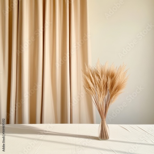 Elegant Minimalist Decor with Pampas Grass Against Soft Beige Curtain and Smooth Table Surface