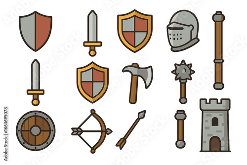 Various Medieval Themed Icons Including Shields, Swords, Axes, Maces, Bows, Arrows, Helmets, and Towers in Flat Cartoon Style Vector Illustrations on Transparent Background