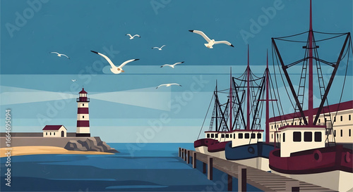 Seaside Serenity: A Coastal Vista of Sailing Vessels, Guiding Lighthouse and Tranquil Oceanic Beauty Under a Pale Blue Skyline with Flying Seagulls