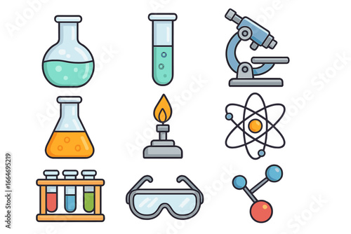 Science chemistry lab icon set. Laboratory equipment for research, experiment, education. Vector cartoon symbols. Flask, beaker, microscope, test tube, atom, molecule.
