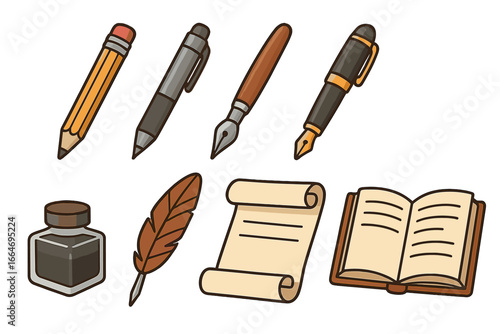 Writing tools and literary artifacts showcasing classic and modern pens, pencils, quill, ink bottle, scroll, and open book for creative expression and writing inspiration vector illustration