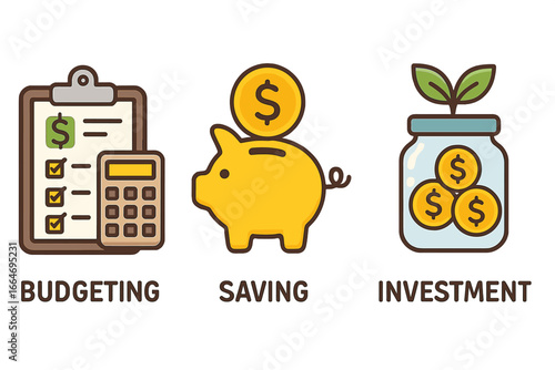 Financial management icon set for budgeting, saving, and investment strategies. Vector concepts for money planning, piggy bank savings, and long-term financial growth.