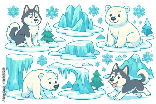 Colorful winter landscape with playful husky dogs, cute polar bears, snowflakes, icy formations, and snowy ground in a charming vector cartoon style on transparent background
