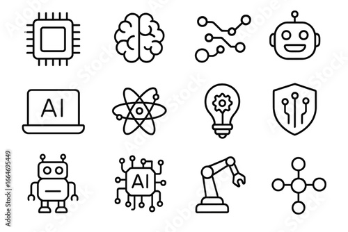 Technology, AI, and Robotics Line Icon Set, Digital Innovation and Future Tech Vector Collection, Artificial Intelligence, Automation, Machine Learning, Cybernetics, Transparent Background