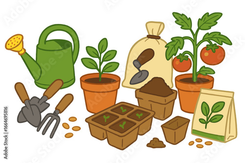 Gardening tools and supplies for home planting. Vector cartoon set with tomato plant, seedlings, seeds, pots, soil and watering can. Growing and nurturing concept.