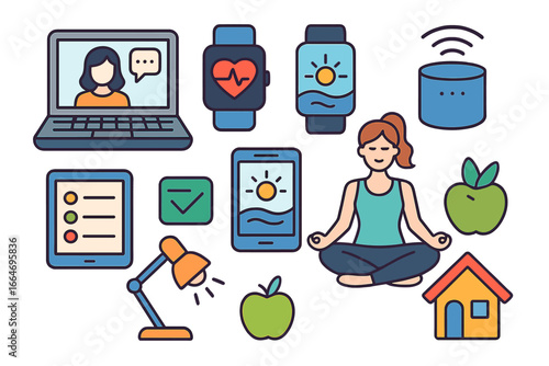 Wellness technology icon set. Woman meditating in yoga pose surrounded by smart devices for remote work, health tracking and smart home. Digital lifestyle balance concept.