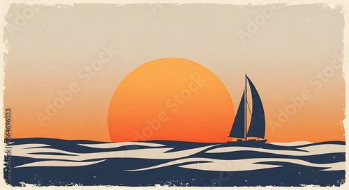 Serene Sailboat Voyage at Sunset: A Vintage-Inspired Nautical Scene Evoking Tranquility and the Beauty of Maritime Adventures, Ideal for Coastal Decoration