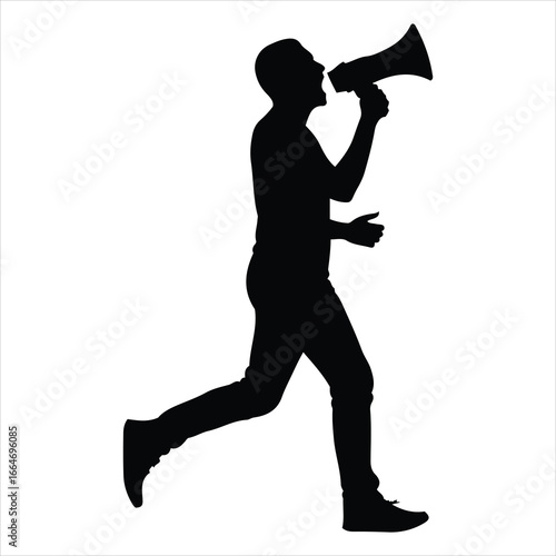 Dynamic silhouette of a man running while shouting into a megaphone announcing important news