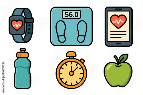 Health and fitness icon set. Smartwatch, scale, phone app, water bottle, stopwatch, apple. Vector icons for healthy lifestyle, diet, exercise, wellness, and activity tracking.