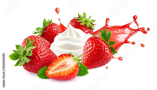 Fresh strawberries with whipped cream and juice splashes, a vibrant display of juicy red berries and light white cream, highlighting the deliciousness of summer treats.
