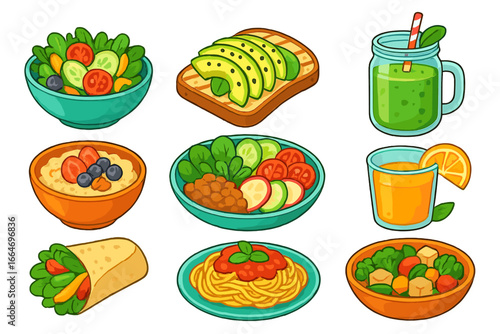 Healthy food icon set. Vector cartoon collection of vegetarian and vegan dishes. Plant based meals like salad, smoothie, pasta, wrap, avocado toast for a balanced diet concept.