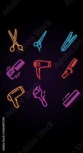 Neon icons of hair salon tools glowing on a dark background, stylish and modern