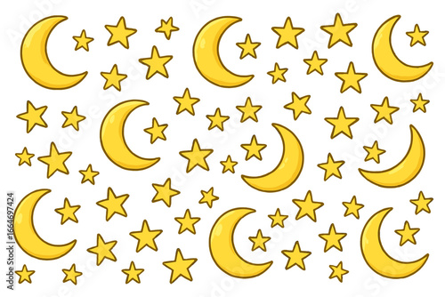 Decorative seamless pattern of crescent moons and stars in cartoon style, golden celestial elements arranged artistically for creative design projects and backgrounds, transparent vector illustration