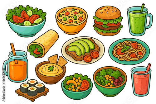 Set of colorful cartoon healthy food icons. Vegetarian and vegan meal collection including salad, veggie burger, smoothie, avocado toast, pasta, sushi. Vector food illustration.