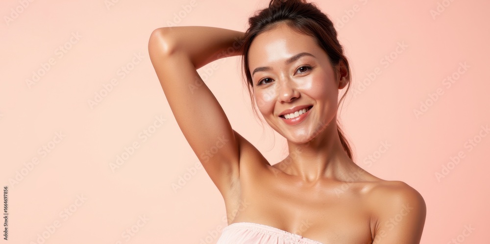 Obraz premium Beautiful young women posing with arms raised against soft pastel background
