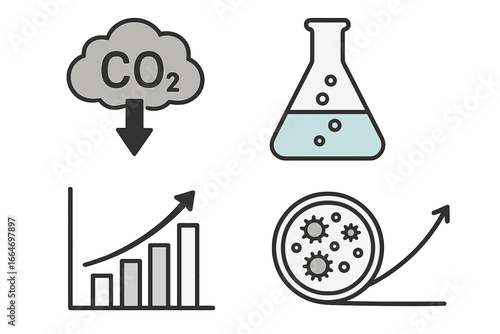 Scientific symbols illustrating carbon dioxide emissions and microbiological growth trends laboratory research, chemical science icons, environmental and biological study vector cartoon