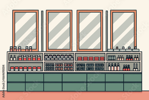 Cosmetic store interior with makeup displays.