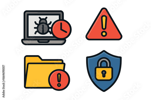 Security icons representing computer vulnerabilities, alerts, and protection measures in technology and software development, vector cartoon illustration, transparent background