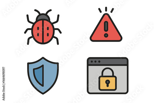 Security icons representing digital vulnerabilities, alerts, protection measures, and cybersecurity concepts in technology and software development. Vector cartoon illustration transparent background