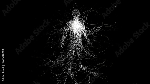 A glowing neural network branching into a human silhouette, connecting unexpectedly to other body systems.
