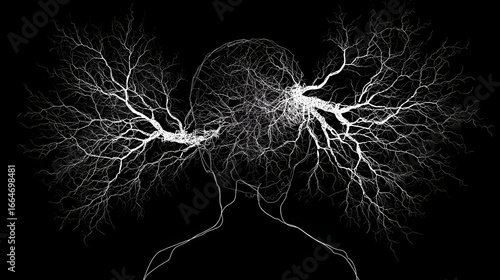 A glowing neural network branching into a human silhouette, connecting unexpectedly to other body systems.
