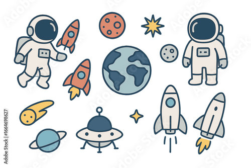 Creative minimalist vector illustration of spaceships, astronauts, planets, moons, stars, and celestial bodies depicting space exploration and interstellar adventure in cartoon style